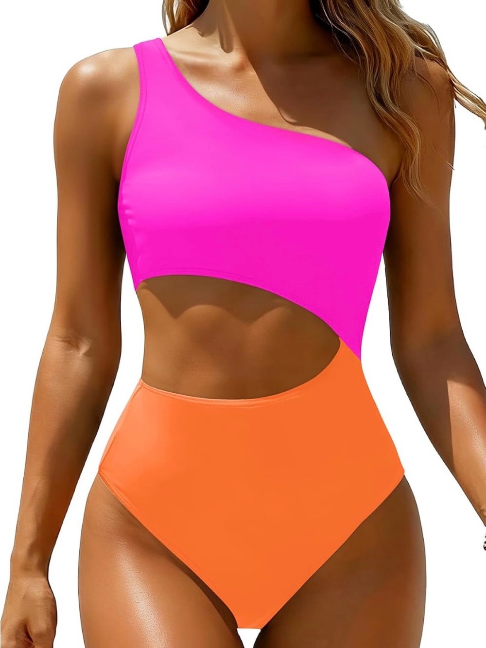 Yonique Cutout One-Shoulder One-Piece Swimsuit in Hot Pink & Orange NWT Sz M